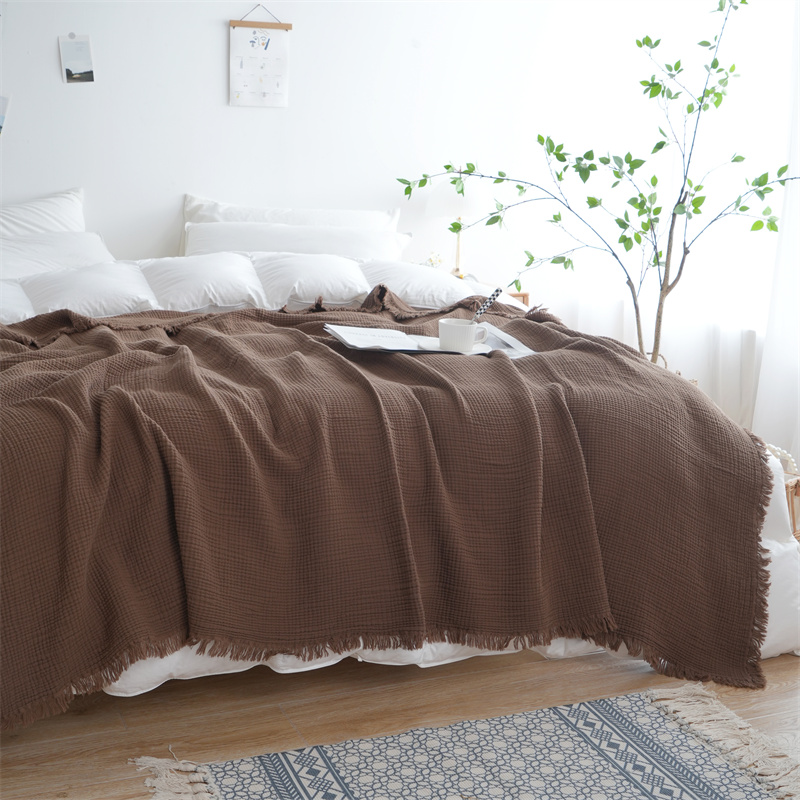 Decke aus 100 % Baumwolle, garngefärbt, Schal, Quasten-Stil, karierte Jacquard-Decken, hautfreundliches Bettwäsche, hochwertiges , Cobertor: Königin / Rosa