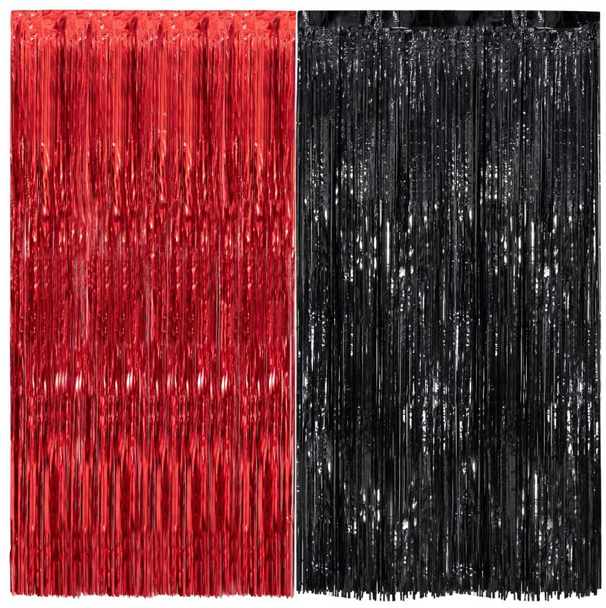 Cortinas con flecos de papel de aluminio de oropel metálico negro y rojo, telón de fondo para foto de , decoración de boda, Ladybug, cumpleaños, de cacon