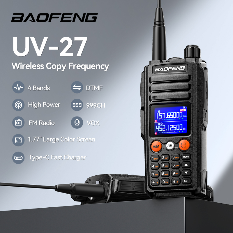 Baofeng UV-27 Walkie Talkie High Power FM NOAA 999CH Wireless Copy Frequency Type-C Portable Long Range 2 Way Radio For Camping
