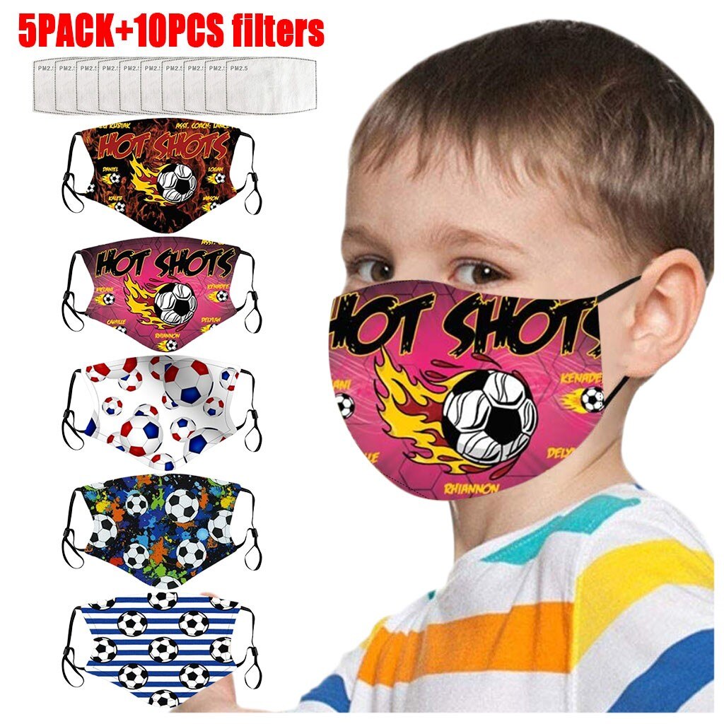 5Pcs Ski Fasemask Kids With 10Pcs Filter Reusable Football Print Breathable Mascarillas Cotton Washable Maskes Balaclava Cap Hat: M