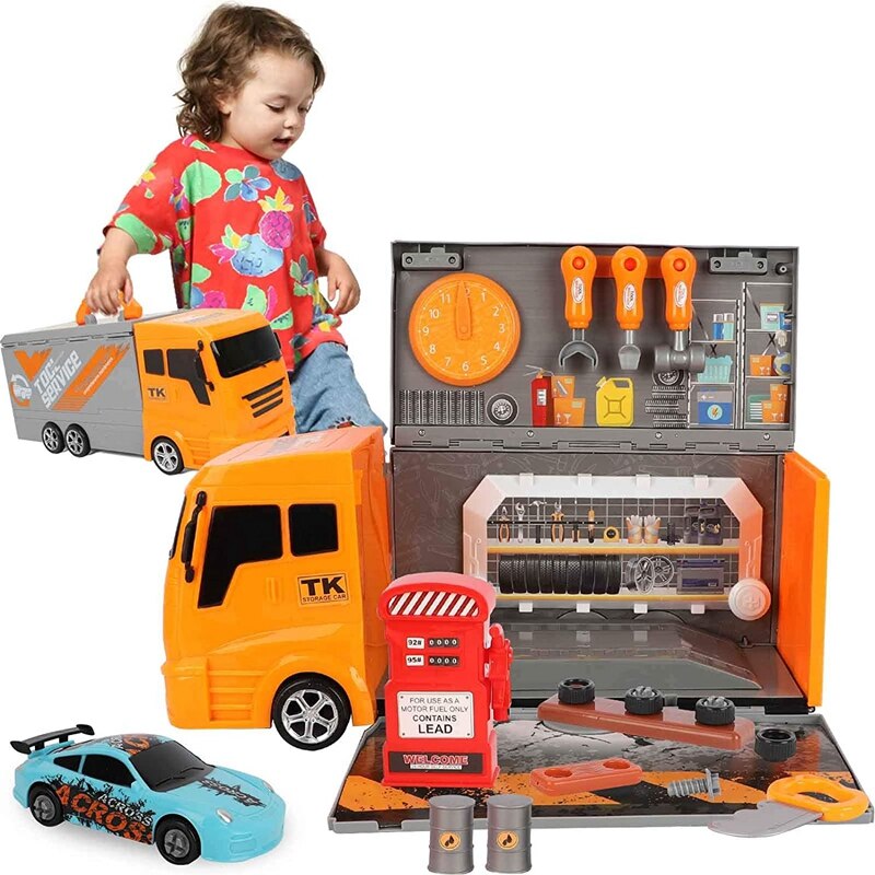 Camión de cocina para niños 2 en 1, camión de cocina para alimentos de juguete con luces de cocina y sonidos, juego de 33 Uds.