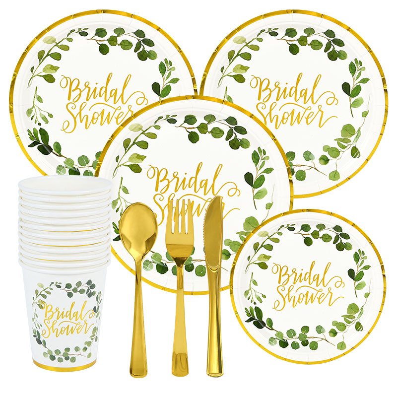 Bruids Douche Dispodable Servies Goud Groene Bladeren Papieren Borden Cups Bruiloft Vrijgezellenfeest Thuis Tafel Decoratie Benodigdheden