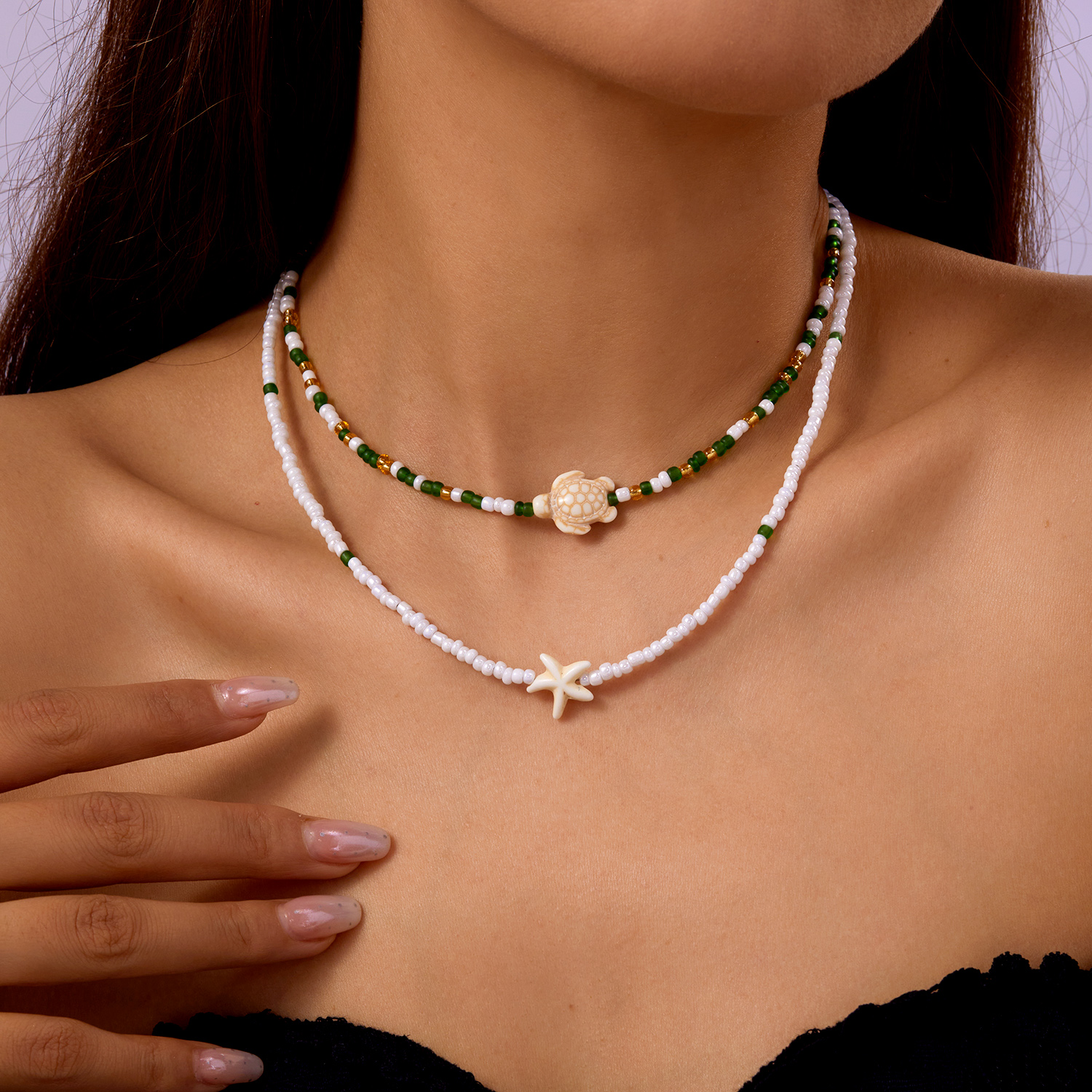 Collar bohemio con colgante de tortuga y estrella de mar con doble cuentas para mujer, gargantilla de cadena para clavícula con cuentas de semillas coloridas, joyería para en la playa
