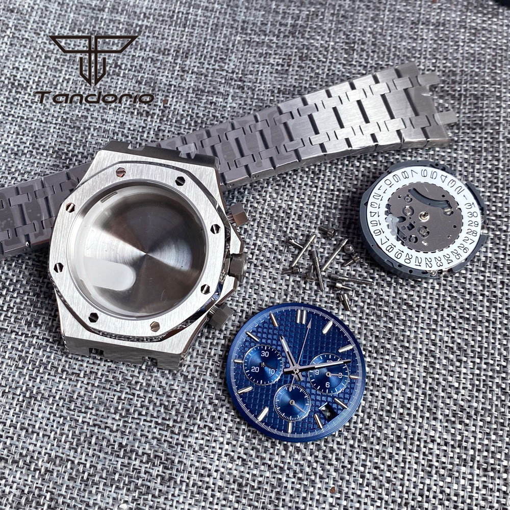 Roestvrijstalen Geborsteld 42Mm Horlogekast Armband Achtkant Bezel Saffier Crystal Fit Vk63 Vk64 Chronograaf Quartz Uurwerk