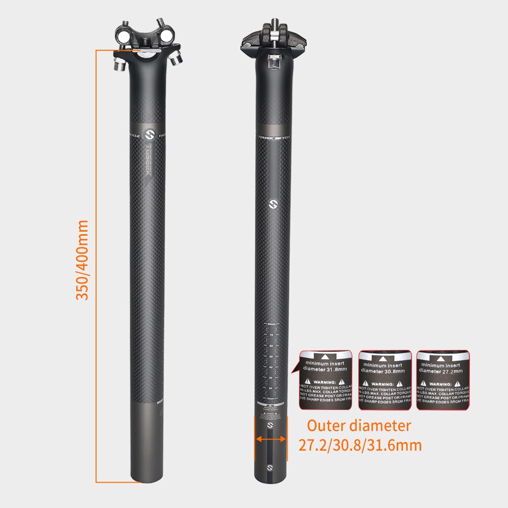 TOSEEK Carbon Seatpost Offset 0mm Bike Seatpost Carbon 27.2/30.8/31.6mm MTB Bicycle Seat Post Grey Matt Gloss