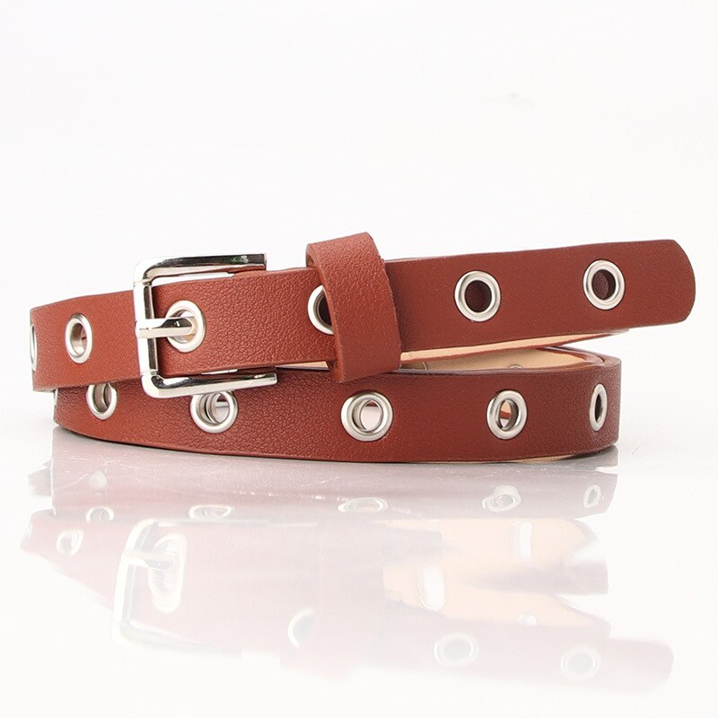 Vintage Punk Black Red Belts For Women Holes Hollow Leather Waist Belt Female Grommet Eyelet Thin Narrow Waistbelts Ladies: Camel