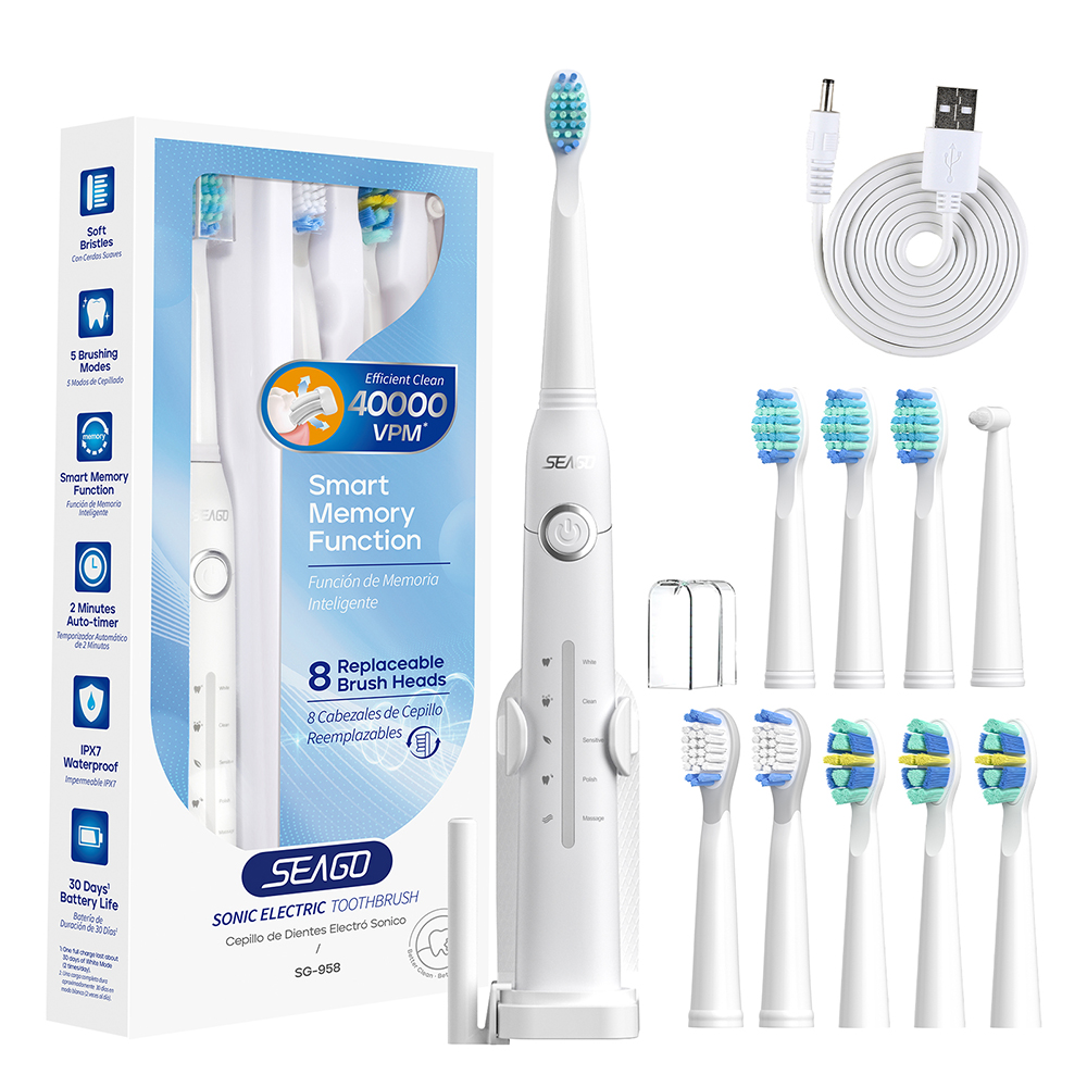 Seago Upgrade Elektrische Tandenborstel Bekerhouder 10 Stuks Opzetborstels 5 Borstelmodi Volwassenen Borstel Zwart Wit: WHITE