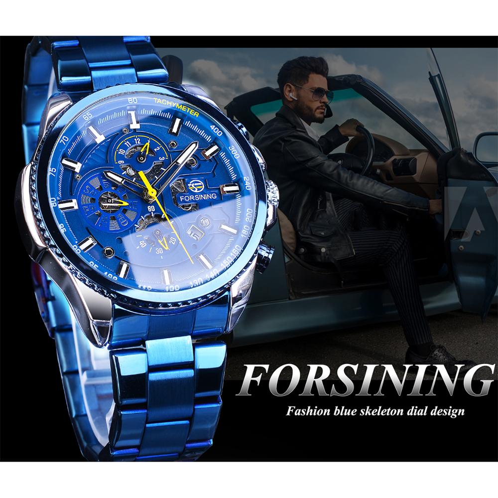 Forsining Heren Automatische Horloge Blauw Stalen Band Kalender 3 Sub Wijzerplaat Horloge Mechanische Waterdichte Mannelijke Klok Relogio Masculino