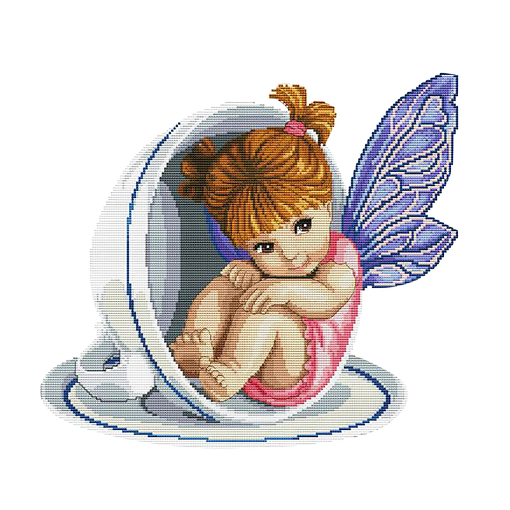 Angel in Teacup DIY Stamped Cross Stitch Kit Pre-printed Patterns Cute Scenery