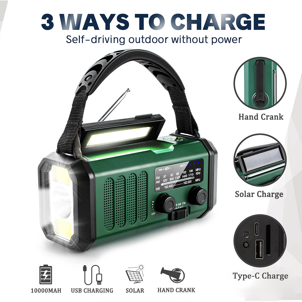 10000mAh Emergency Radio Solar Hand Crank Dynamo Radio FM/AM/NOAA Flashlight SOS Alarm Power Bank راديو الطوارئ רדיו ופנס חירום