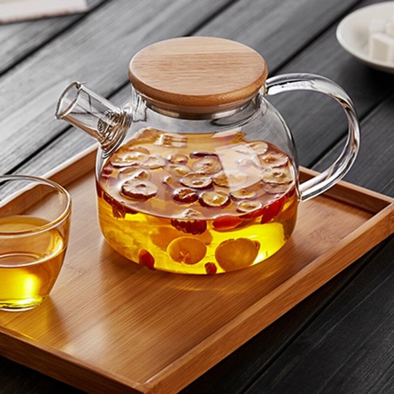 Tea Pot Set Heat-resistant Glass Jug Can Be Heated Bamboo Lid Large Capacity Borosilicate Glass Kongfu Tea Set Kitchen Supplies