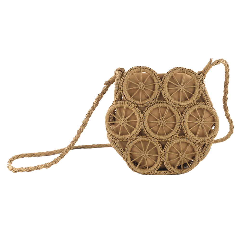 Casual Rattan Shoulder Messenger Bags Straw Handbags Big Capacity Handmae Summer Totes Lady Round Bohemian Beach Travel Purse: Light Brown