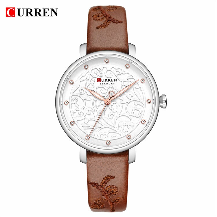 Top CURREN Vrouwen Horloges Roze Lederen Horloge met Strass Dames Klok Mode Luxe Quartz Horloge Relogio Feminino: L Brown