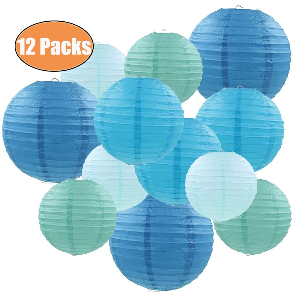 Juego de linternas de papel azules de 12 piezas, decoración colgante de papel redondo chino, lámparas de bola para decoraciones del hogar de 6 "8" 10 "12"