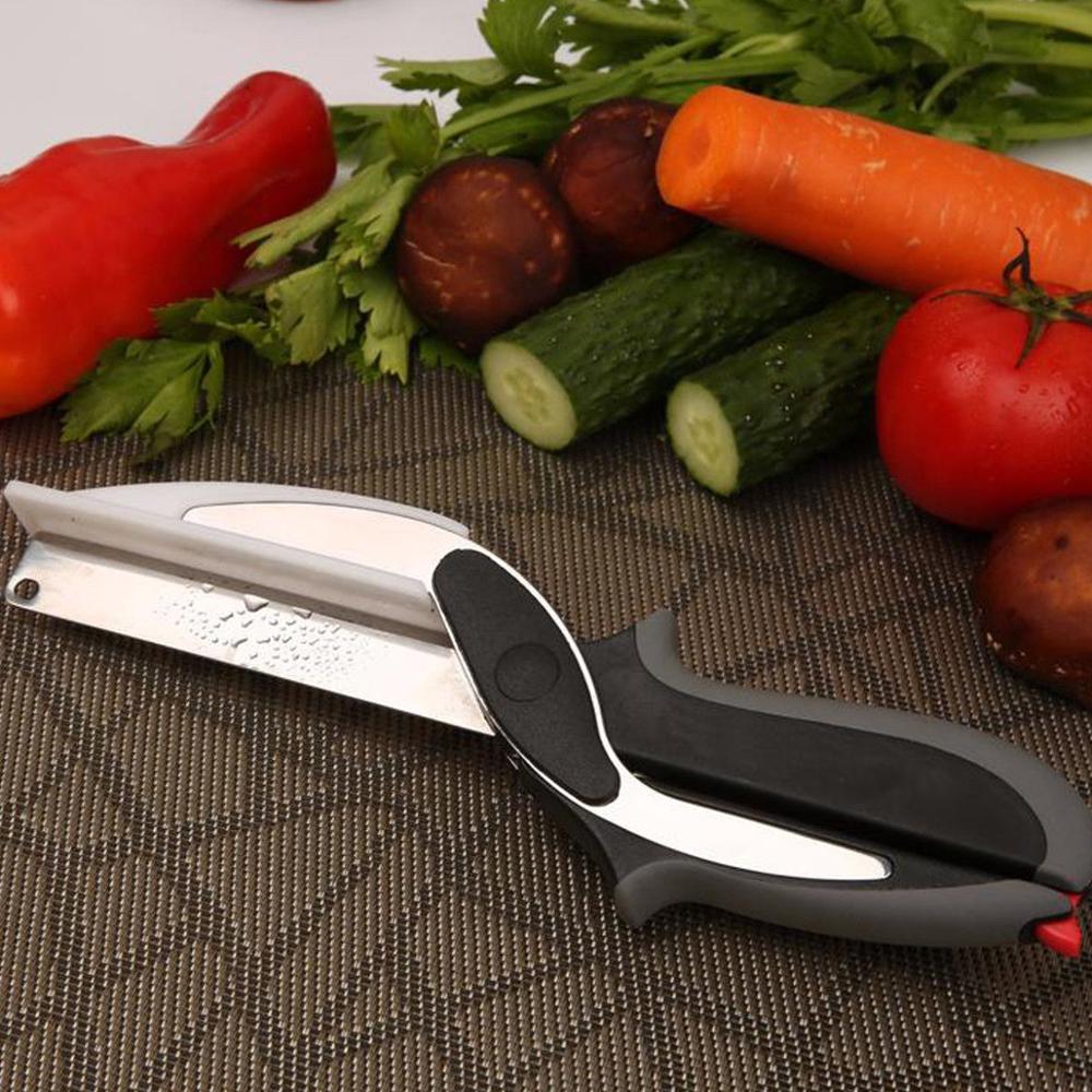 Køkken saks 2 in 1 skærebræt snitter smart frugtgrøntsag multifunktionel skærer rustfrit stål grøntsagskniv
