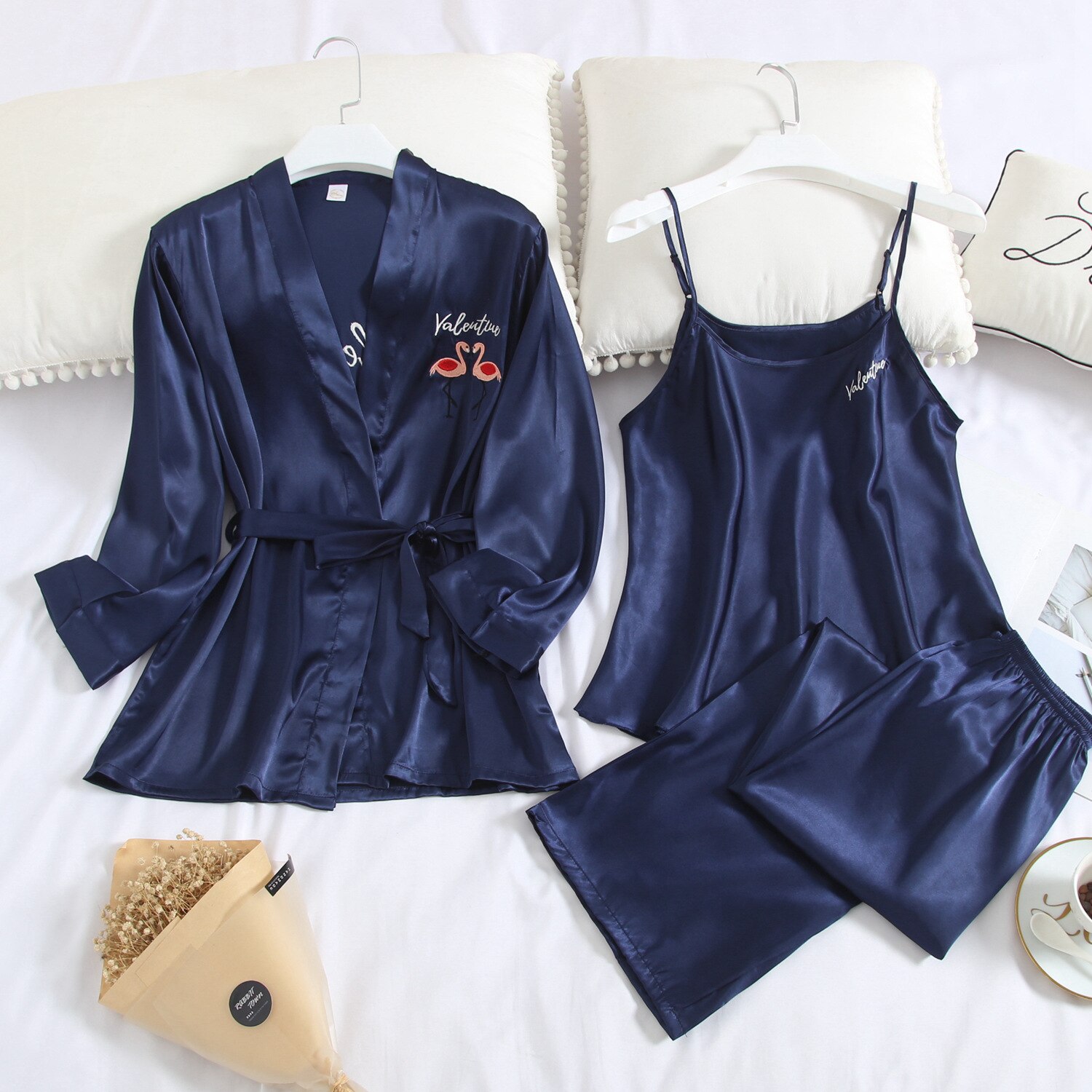 Sexy Women's Ice Silk Three-Piece Spring and Autumn Home Casual Pijamas Sleepwear Cardigan Silk Home Service Thin: Deep Blue - 3pcs