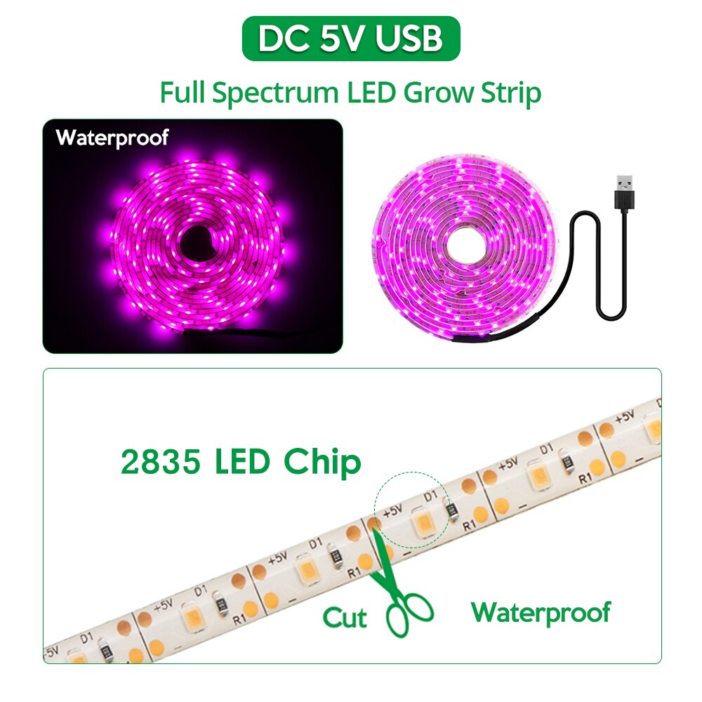 LED Grow Light Full Spectrum USB Grow Light Strip 0.5m 1m 2m 3m 2835 SMD DC5V LED Phyto Tape for Seed Plants Flowers Greenhouses