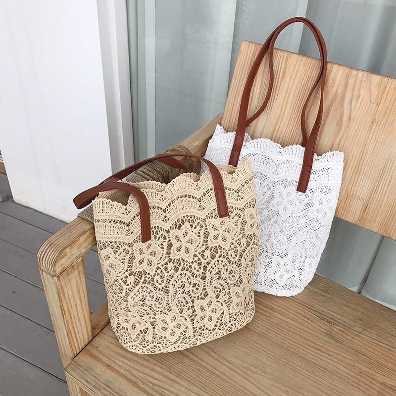 Sac à main Chic en dentelle pour femmes, à bandoulière avec doublure, fourre-tout de grande capacité, pliable, de plage, été