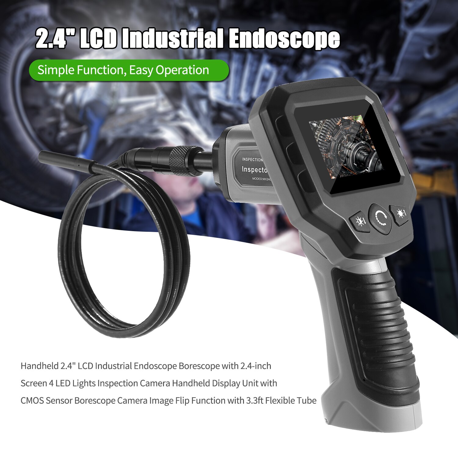 Boroscopio endoscopio Industrial LCD de 2,4 pulgadas con Sensor CMOS, cámara de boroscopio, imagen, función Flip, cámara con tubo Flexible de 3,3 pies
