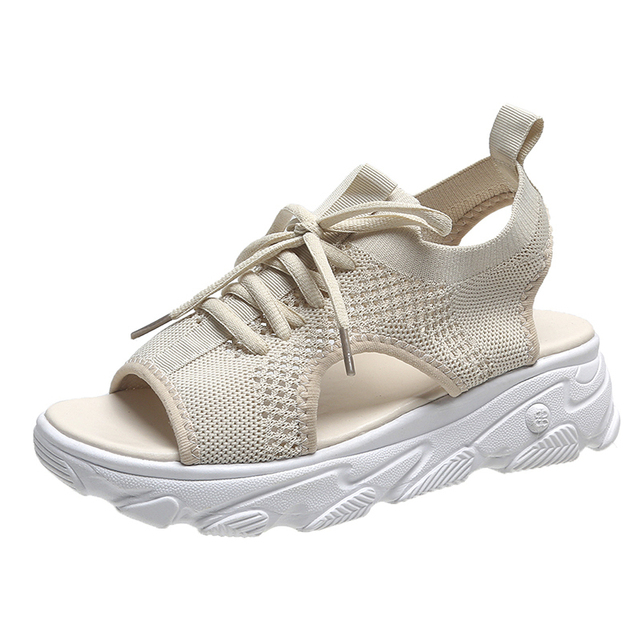 Sandales en maille à lacets pour femmes, chaussures décontractées à semelles épaisses blanches, chaussures de plage à bout ouvert, été 2022: White / 36