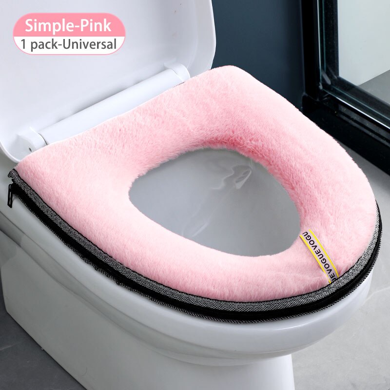Bathroom Toilet Seat Cover Set Thicken Soft Coral Velvet Rainbow Color Zipper Toilet Case Warm Waterproof WC Potty Cover SWZ024: Solid color-Pink