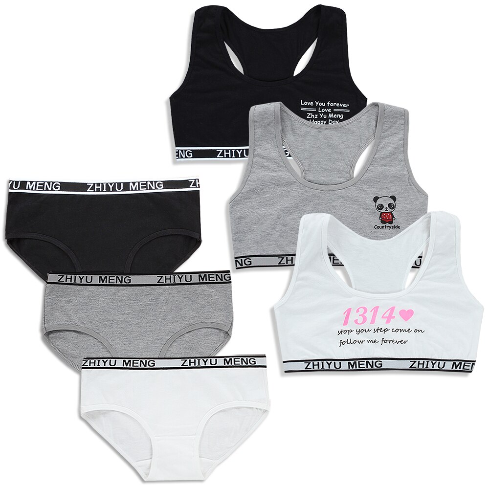 Tieners bh set Katoen/Spandex Hipster brief double layer Kids meisjes Kinderen Ondergoed Sport Racerback Training 8-12Y