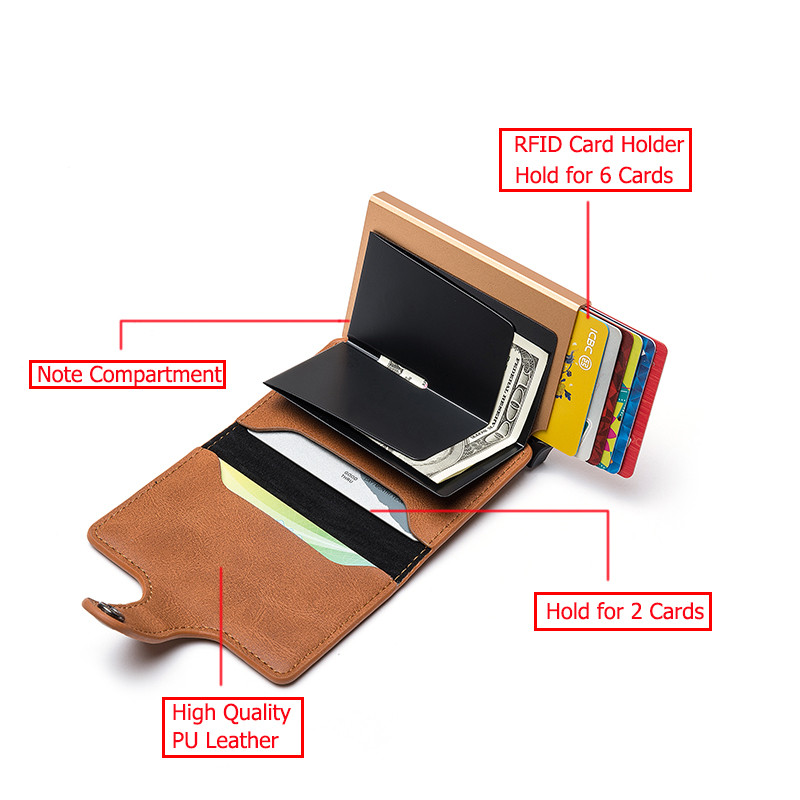 BISI GORO Casual Card Holder Hasp Protector Smart Card Case RFID Aluminum Box Slim Men and Women PU Leather Wallet