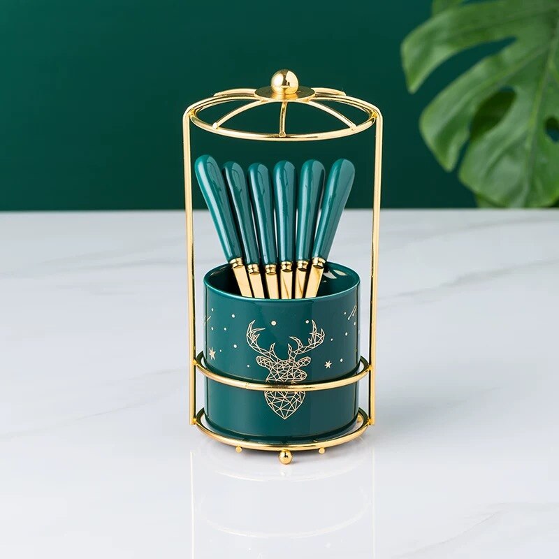 Nordic Ceramic Stainless Steel Fruit Fork Storage Tube Dessert Fork Cake Fork Fruit Fork Storage Pot Living Room Fruit Fork Set: 6 forks pot rack 5