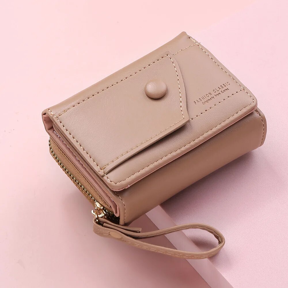 Four Seasons Women's Short Wallet Zipper Tower Buckle Zero Wallet Girl Student Handheld Bag Solid Color Simple Versatile: Khaki