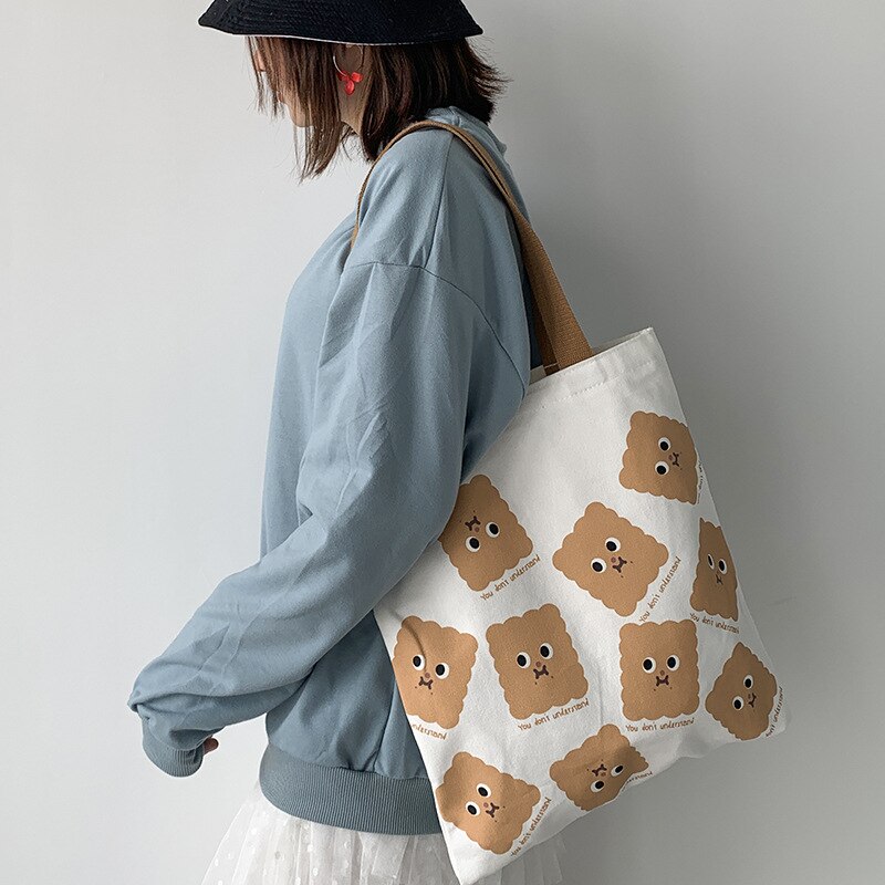Grote canvas tassen voor dames, boodschappentas voor dames, opvouwbare schoudertas met kleine beerprint, eco-tassen, shopper: 002