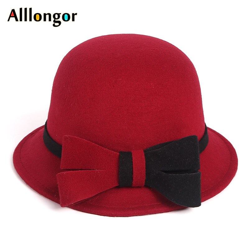 Wool Fedora Hat Women Winter Vintage Felt Hats ladies Bowknot Bucket Cap Black White dome Top Church bowler Hat: Red