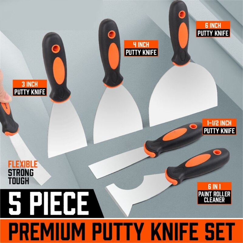 5PCS Premium Stainless Steel Multi-Purpose Putty Knife Spackle Knife Caulk Removal Paint Scraper Home Repair Tools
