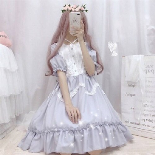 Vêtements Lolita pour filles Kawaii, robes pour femmes, vêtements de Style japonais, pour grandes adolescentes, jolie fée d'étudiant: Grey(Short Sleeve) / M