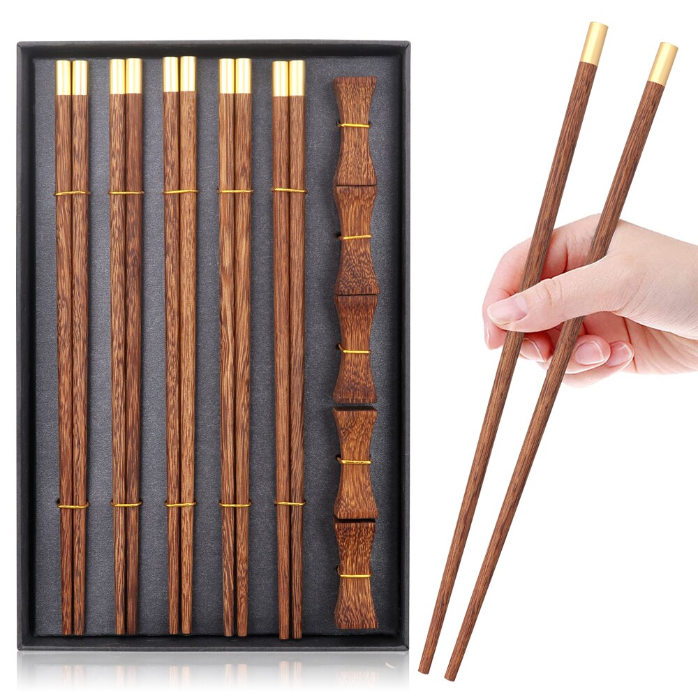 VIP Boutique Box 5 Pairs Red Sandalwood Chopsticks 5PCS Chopstick Rest Solid Wood Pure Copper&quot;FU&quot; Chopsticks Top: 5Pairs Wenge wood