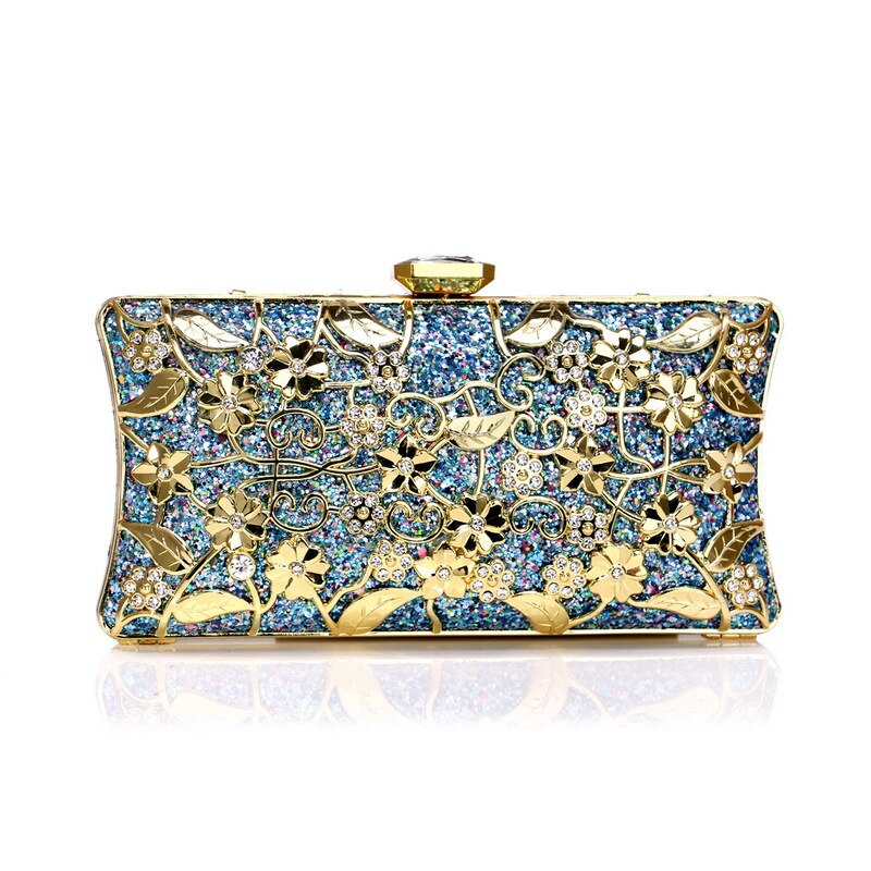 Diamanten Luxe Vrouwen Dag Clutch Hollow Out Metalen Wedding Party Avondtassen Met Ketting Schouder Handtassen Purse: Blauw