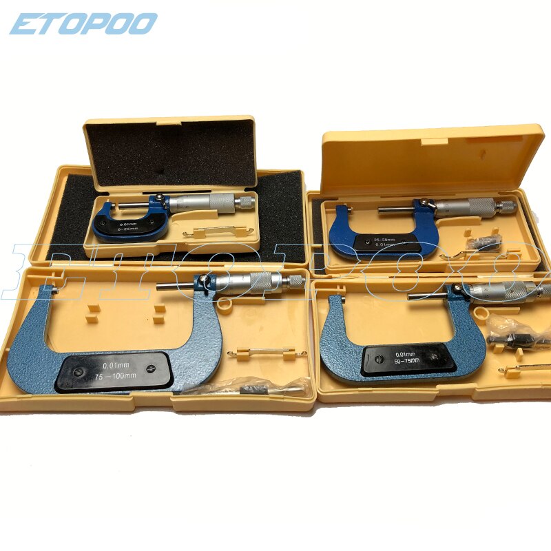 0-100mm Outside Micrometers measuring tools caliper thickness gauge 0-25mm, 25-50mm, 50-75mm, 75-100mm micrometer 4pcs/set