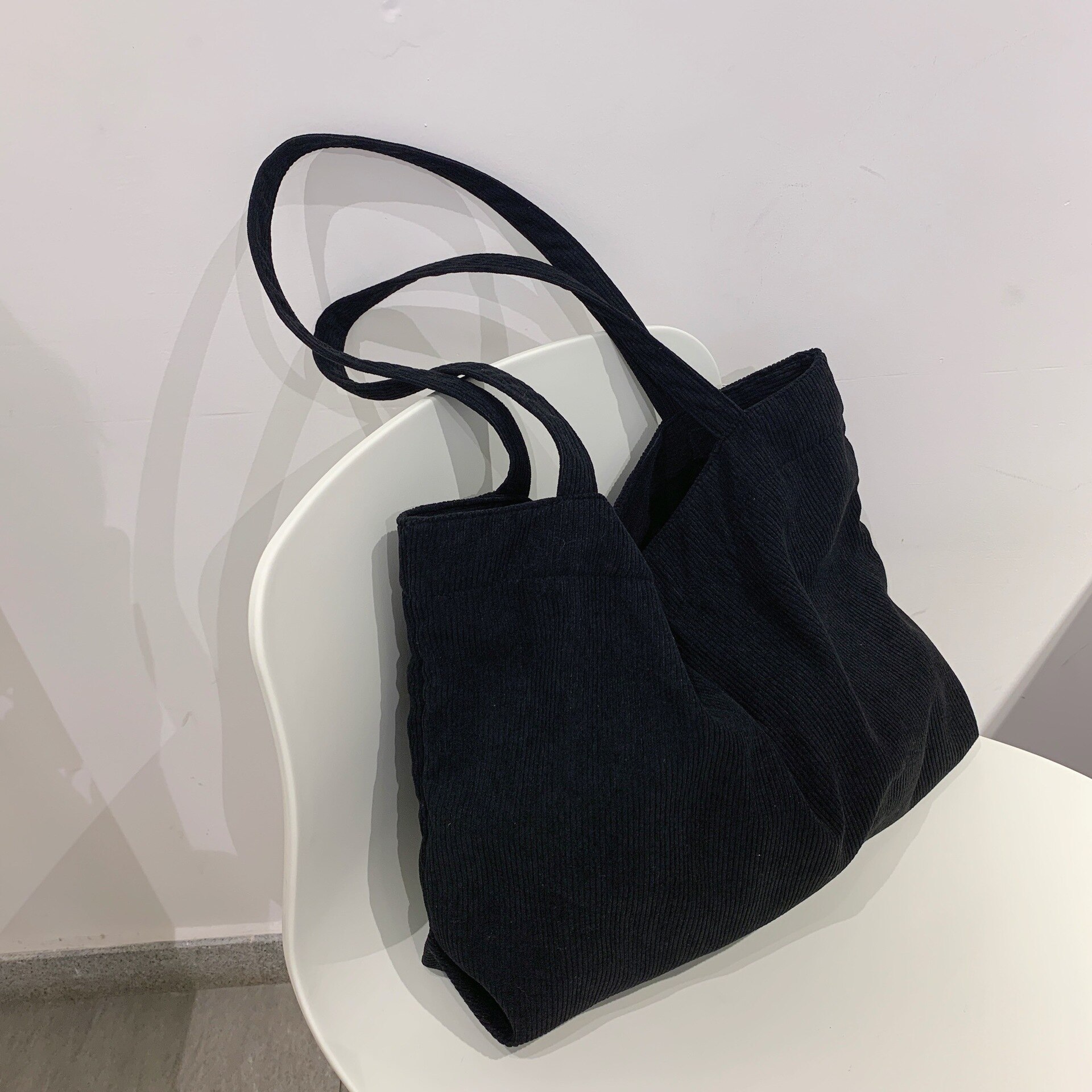 Hylhexyr – grand sac à main en velours côtelé pour femmes, sac à bandoulière de grande capacité, sacs de Shopping pliables et réutilisables, fourre-tout en tissu: Black