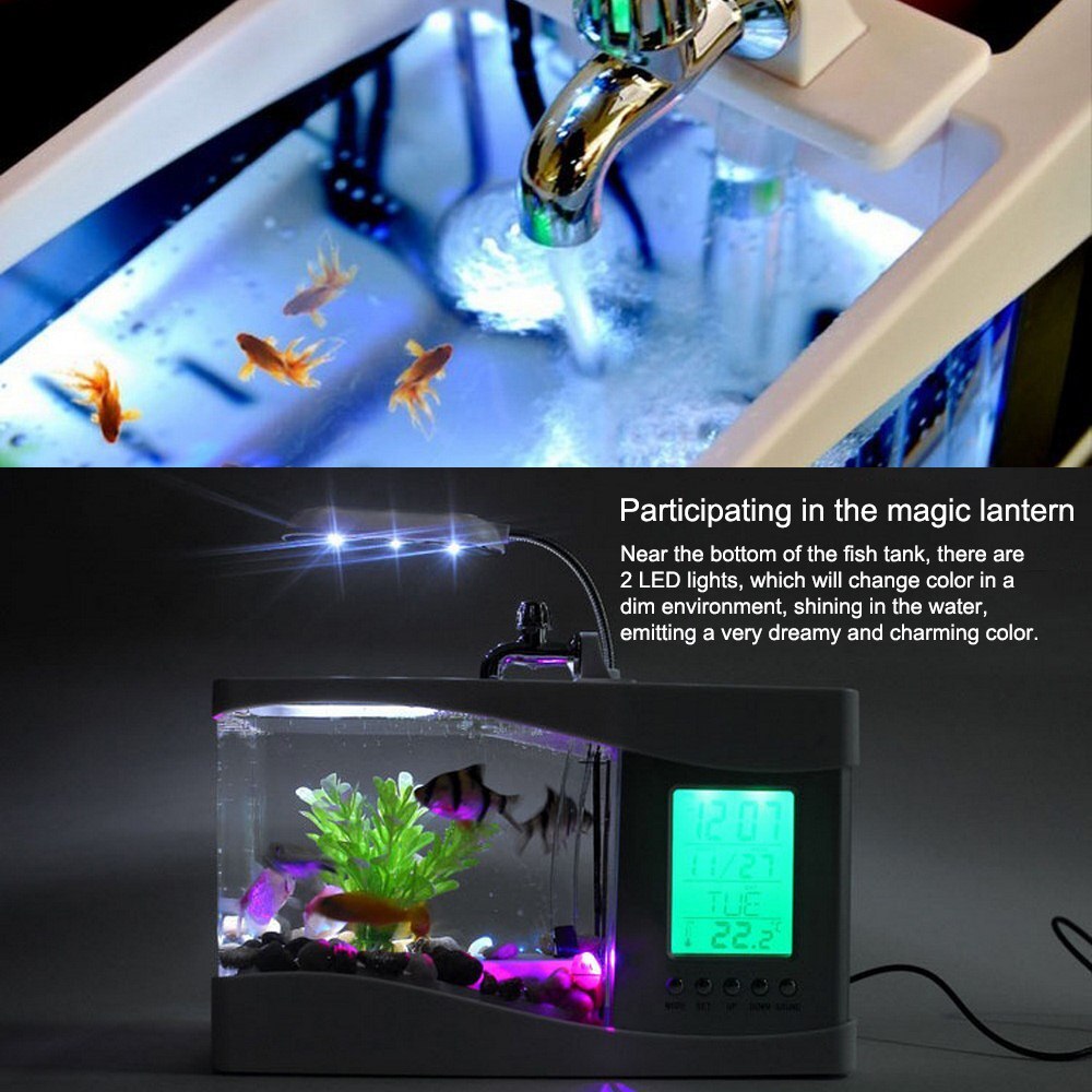 Mini akvarium akvarium med led lampe lys pen holder usb akvarium betta akvarier lcd display skærm og ur aquario