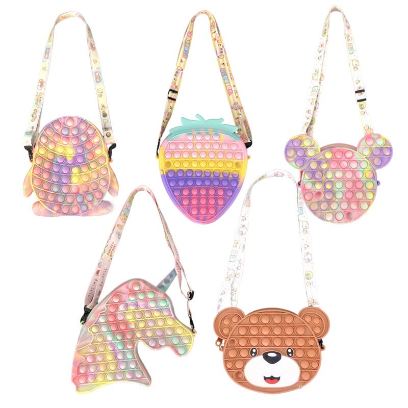 Kawaii – sac à main licorne ours fraise PopIt Fidget, jouets presse à doigt, sac à bandoulière, soulage l&#39;anxiété et le Stress, mignon