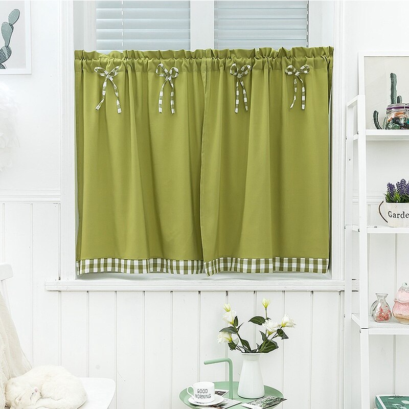 Bay Window Curtains Grid Short Curtain for Kitchen Cabinet Door Separate Panel Bow-knot Decor Drapes Cozy Cafe Bar Half-Curtain