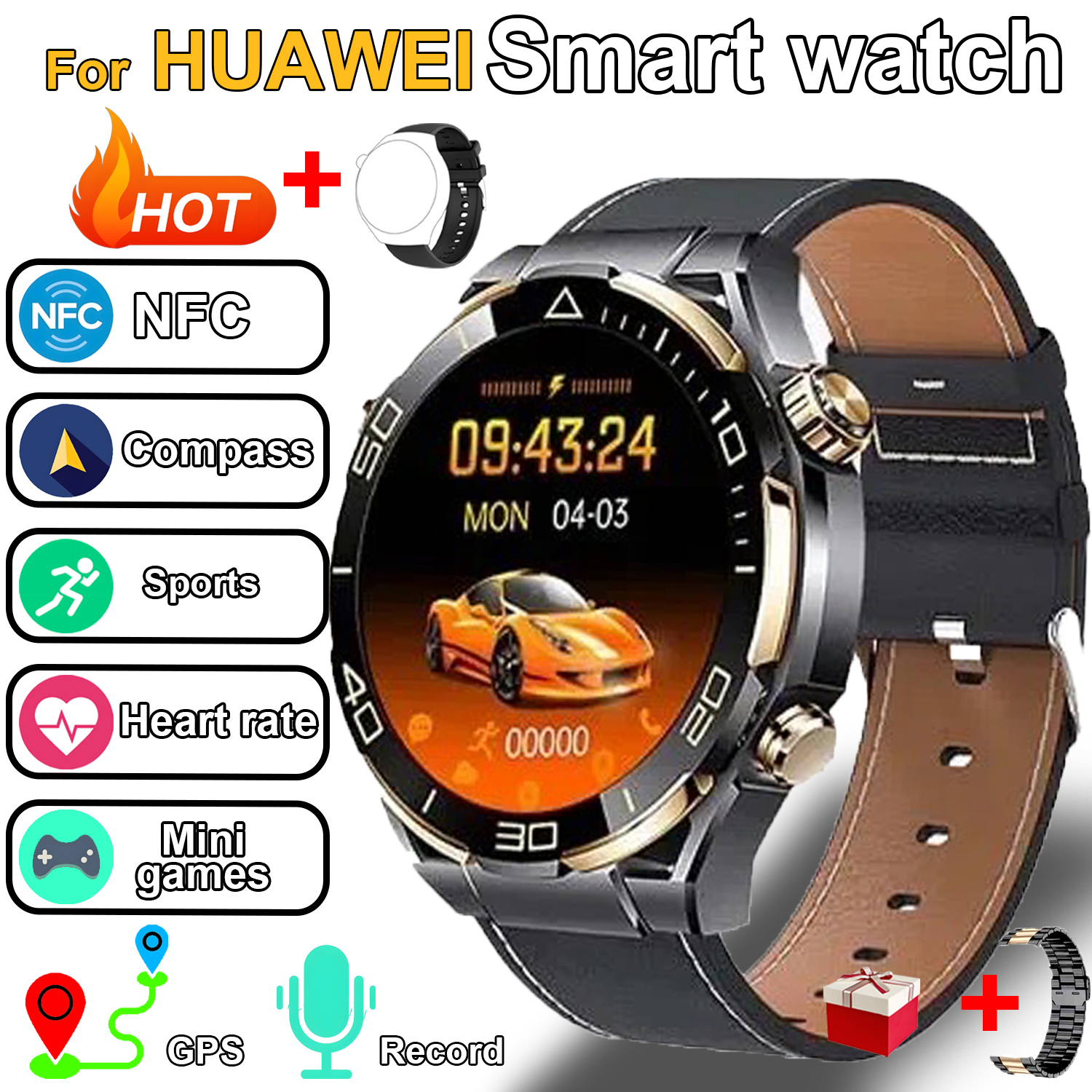 Nowy inteligentny zegarek sportowy dla mężczyzn 420mAh Kompas GPS NFC BT Monitorowanie tętna Smartwatch dla Huawei 2025 sprytny zegarek: czarny