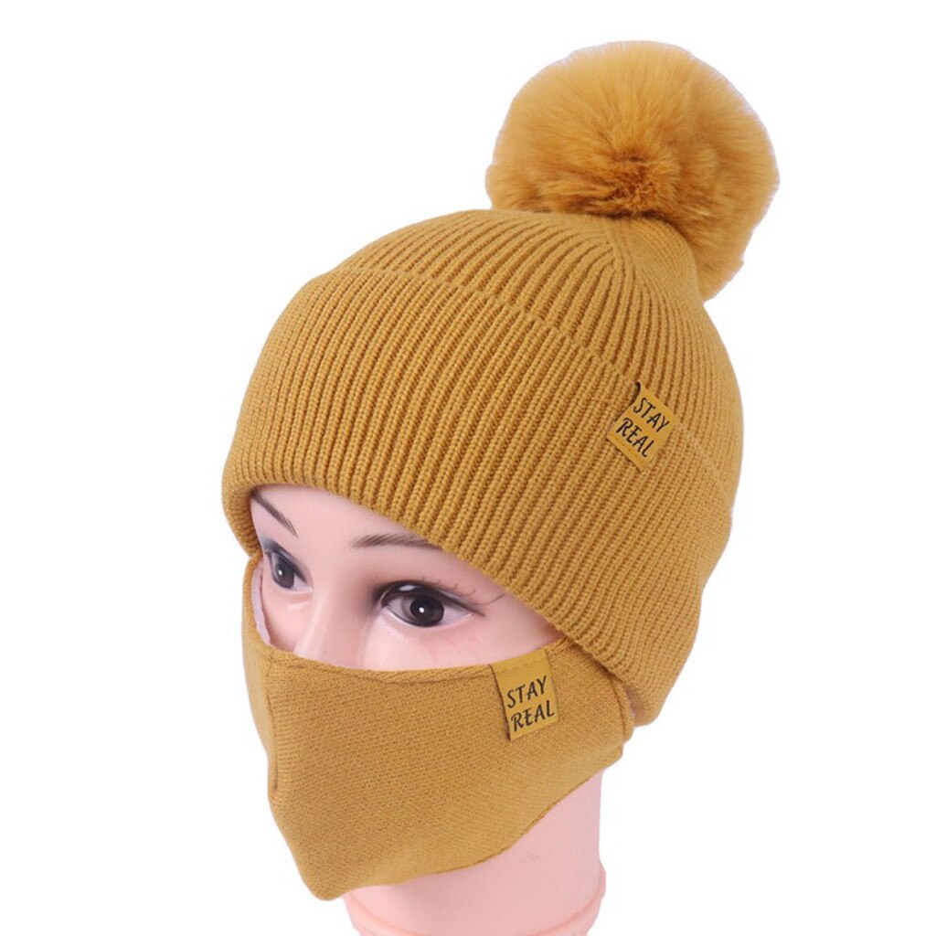 Kvinder vinterhatte hatte strikket faux pels beanies cap afslappede hætter til udendørs uld hemming hat med hår kugle femme: Gul