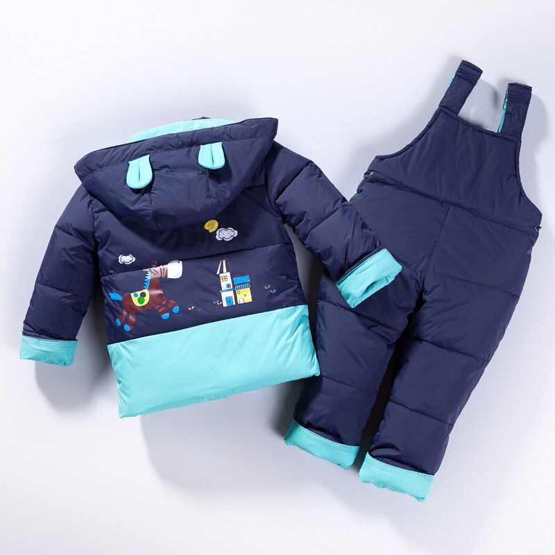 Manteau d'hiver duvet de canard pour enfants | Ensemble de vêtements pour enfants, veste à capuche, pantalon, ensemble combinaison, dessin animé poney, combinaison de neige TZ123