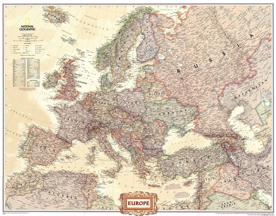 Vintage Europe Map National Geography Europe Executive Wall Map Exquisite Designs Interesting Annotations Canvas Print Sticker