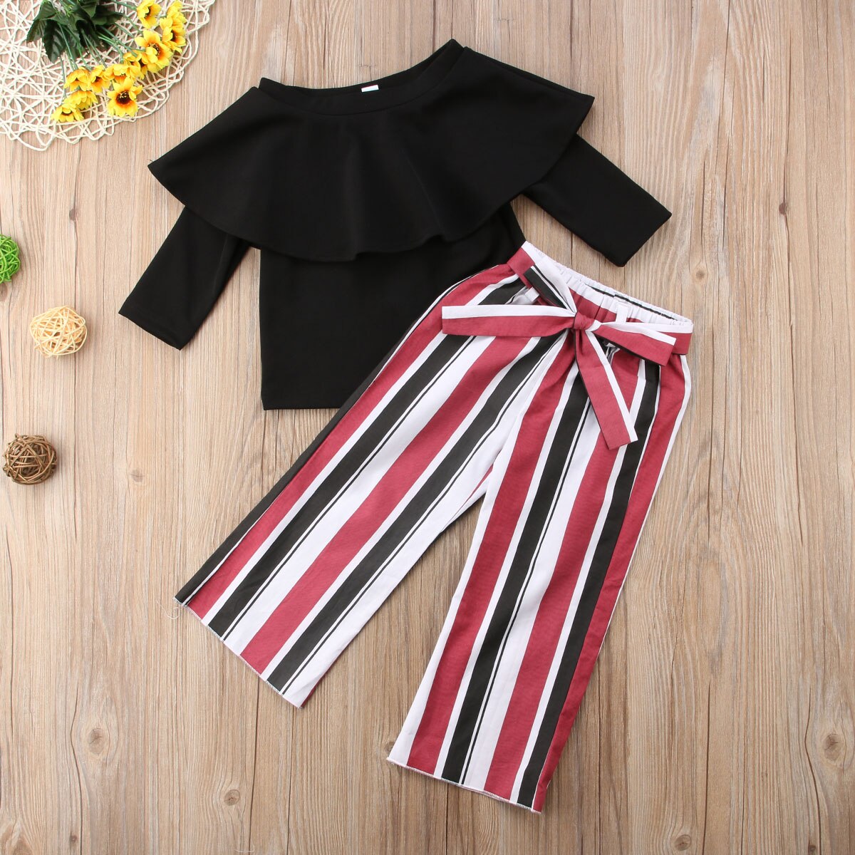 Brand Toddler Infant Kids Baby Girl Off Shoulder Tops Blouse Shirt Striped Long Pants Outfits Short Sleeve Clothes 1-6T