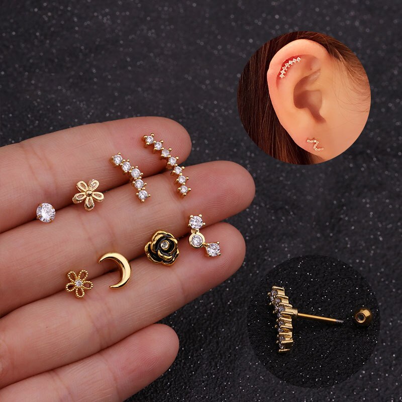 1Pc Goud Zilver Kleur Rvs Oor Kraakbeen Helix Schroef Terug Earring Stud Cz Tragus Roek Conch Piercing Sieraden