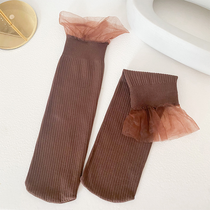 2022 frühling Sommer Mädchen Socken Neue Prinzessin Nette Atmungsaktive Lange Rohr Pile Socken Glas Silk Spitze Waden Socken: Brown