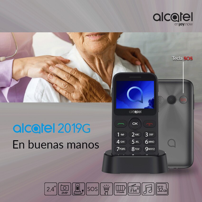 Alcatel 2019G Negro Feature Phone Personas Mayores Teclas Grandes Boton SOS Radio FM Camara 2 Mpx Bluetooth Micro SD Bateria 970