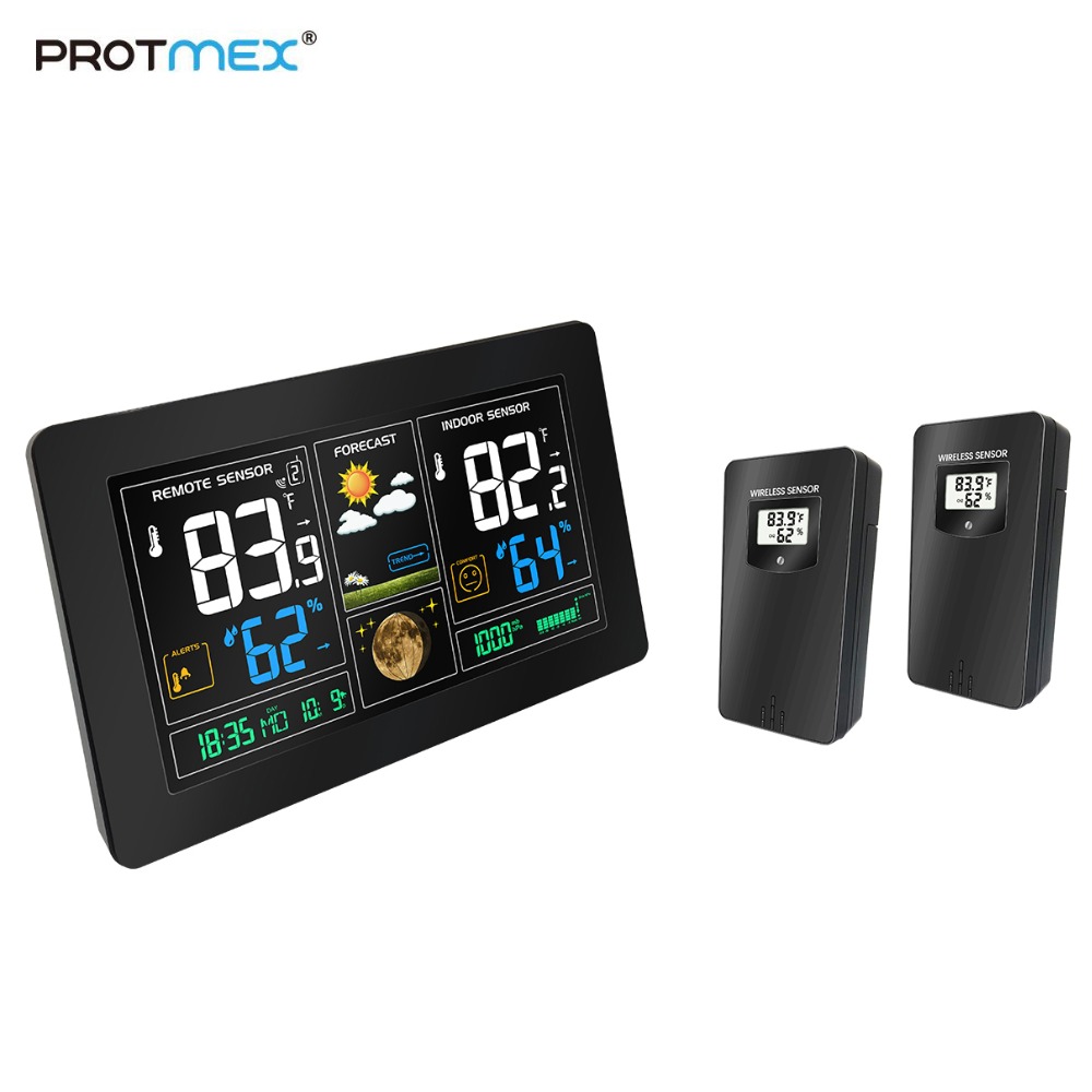 Protmex PT3378 Draadloze Weerstation, Station met Alert/Temperatuur/Luchtvochtigheid/Barometer, (met 2 Outdoor Sensoren)