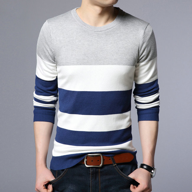 Misniki efterår afslappet herre sweater o hals stribet slim fit strik herre sweatere pullovere herre pull homme s -3xl jp52: Grå / M